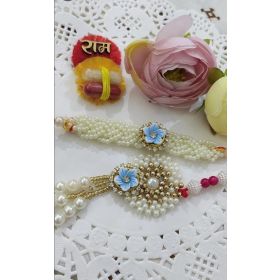 Bhai Bhabhi Rakhi,  Pearls Rakhi, Blue Flower With Golden Stone Chain, Pearls Chkri, Blue Flower, Golden Stone Chain, Golden& White Latken, with White & Pink pearls, Cotton Thread