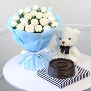Bunch of 20 Roses with Half Kg Chocolate Cake & Teddy