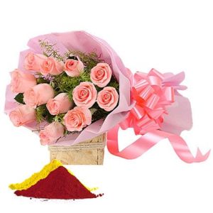 Pink Roses Bouquet With Gulal