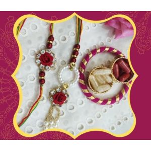 Bhai Bhabhi Rakhi,  Red Rose, White Stone,  Red Pearls, Golden Ring With Cotton Thread