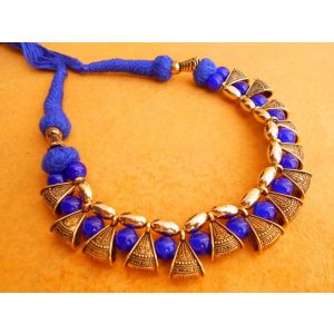 Afghani Handmade Golden Plated Blue Theard Adjustable Necklace