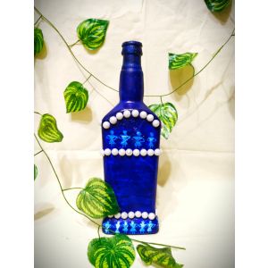 White Moti with Blue Print Glass Bottle Painting